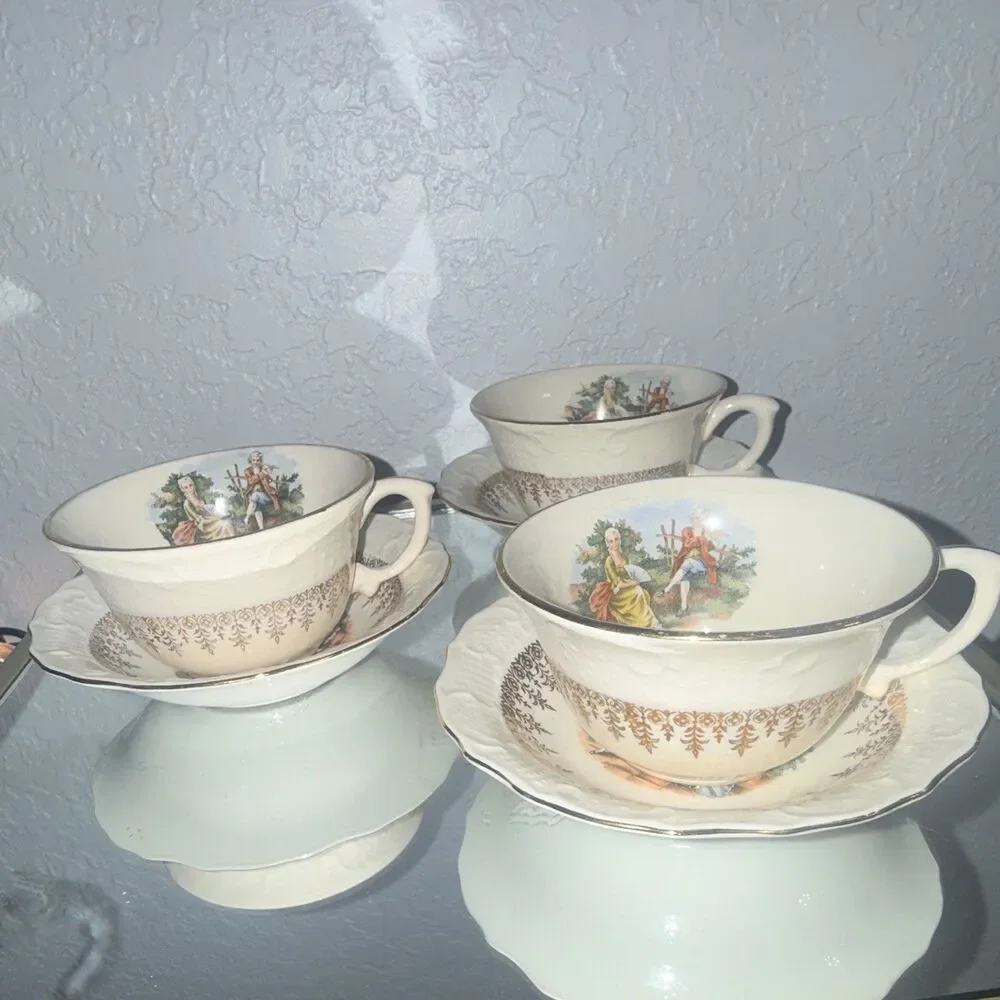 Vintage of 3 Ceramic Tea Cup & Saucer White the mallmars Romantic Couple Scene